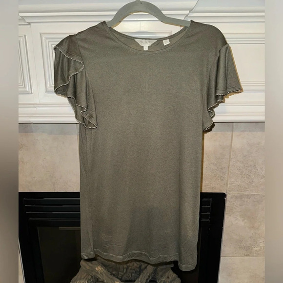 Ted Baker London Blouse Flutter Sleeves with beads- olive green- Size 4-6 Small - Picture 1 of 13